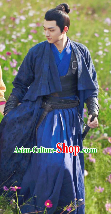China Romance Drama The Blessed Girl Yuan Yi Costumes Traditional Swordsman Clothing Ancient King Blue Garments