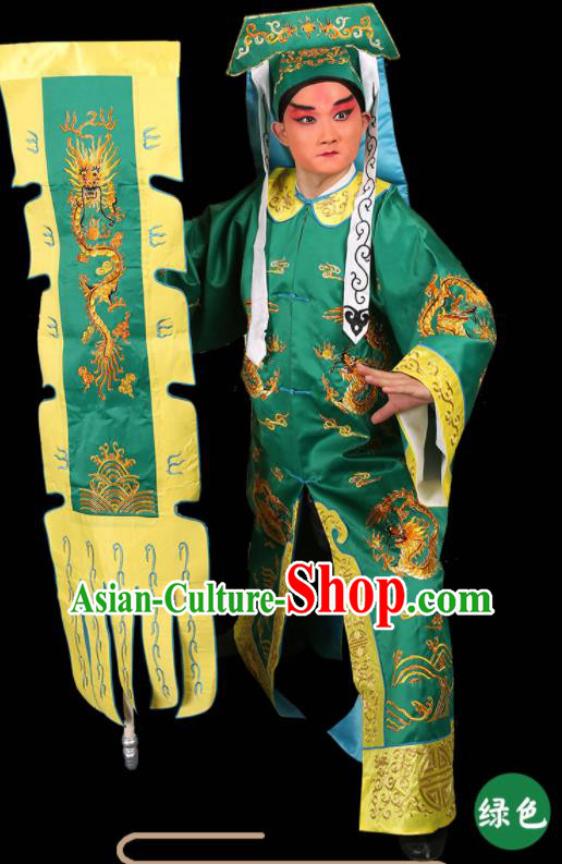 China Beijing Opera Soldier Costume Peking Opera Wusheng Green Garment Outfits Traditional Opera Martial Arts Men Clothing and Hat