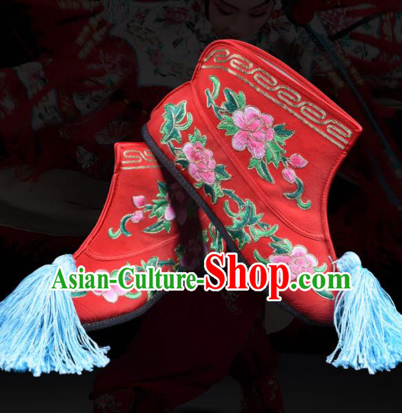 Chinese Traditional Opera Shoes Beijing Opera Wudan Embroidered Boots Swordswoman Embroidery Peony Red Boots