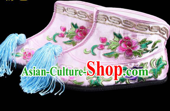 Chinese Swordswoman Embroidery Peony Pink Boots Traditional Opera Shoes Beijing Opera Wudan Embroidered Boots