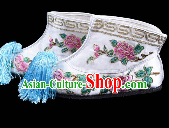 Chinese Traditional Opera White Shoes Beijing Opera Wudan Embroidered Boots Swordswoman Embroidery Peony Boots