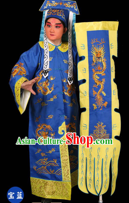 China Traditional Opera Soldier Clothing Beijing Opera Swordsman Costume Peking Opera Wusheng Blue Garments and Headdress