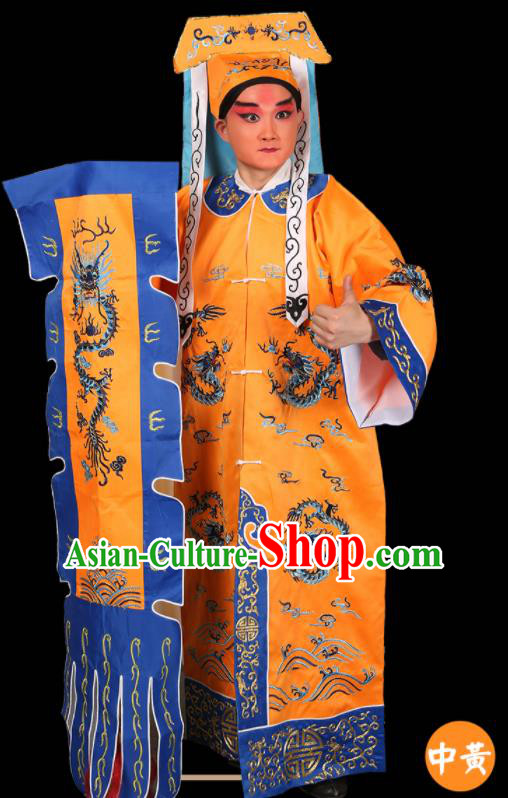 China Peking Opera Wusheng Yellow Garments Traditional Opera Soldier Clothing Beijing Opera Swordsman Costume and Hat
