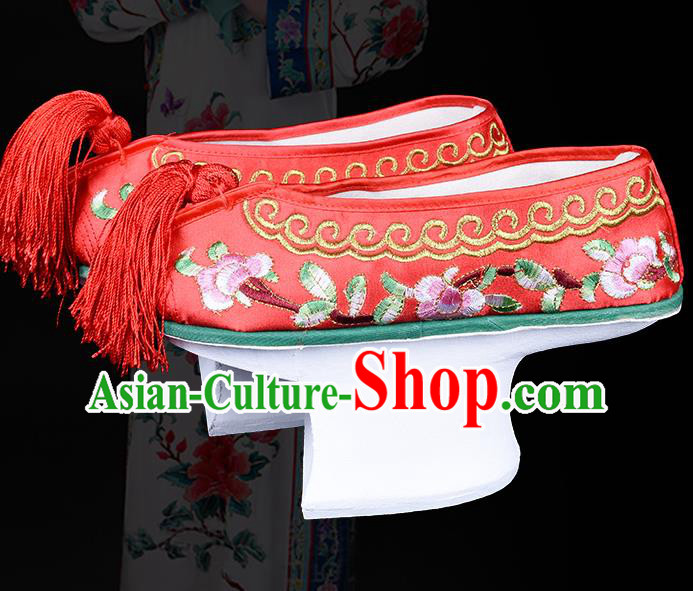 Chinese Beijing Opera Hua Tan Embroidered Shoes Qing Dynasty Princess Embroidery Shoes Traditional Opera Red Satin Shoes
