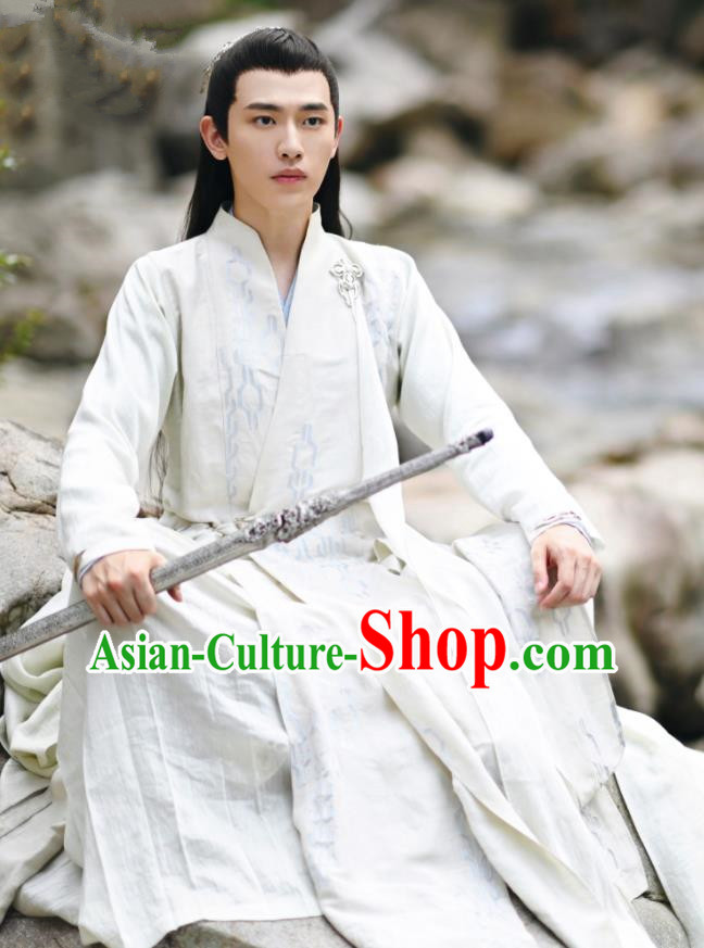 China Romance Drama The Blessed Girl Yin Xiao Costumes Traditional Noble Childe Clothing Ancient Swordsman White Garments and Headpieces