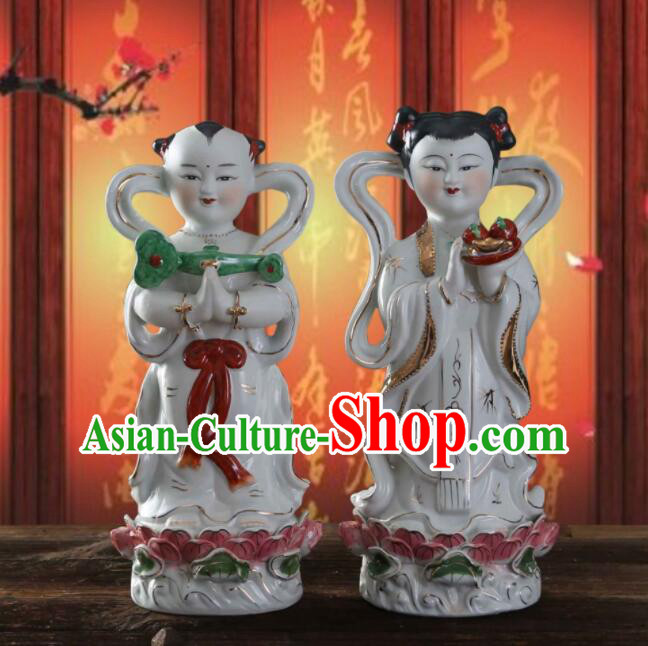 18 inches Chinese White Ceramic Long Nv Hong Hai Er Craft Handmade Dragon Girl and Golden Boy Porcelain Statues