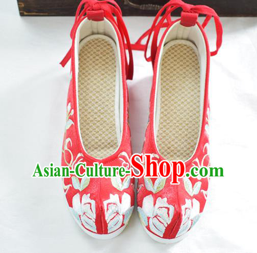 China Traditional Hanfu Bow Shoes National Wedding Red Cloth Shoes Embroidered Red Shoes