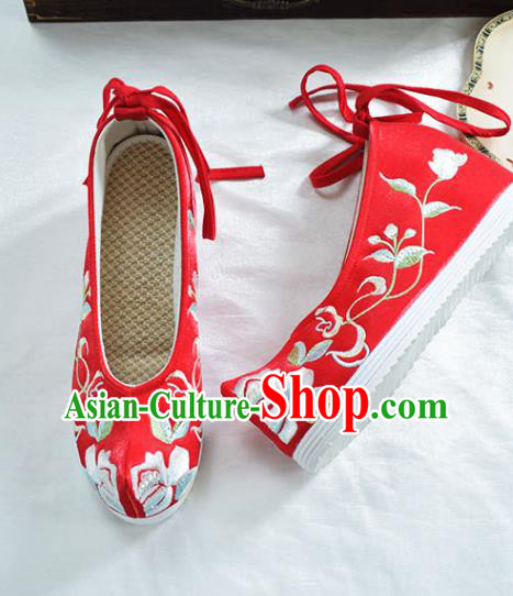 China Traditional Hanfu Bow Shoes National Wedding Red Cloth Shoes Embroidered Red Shoes