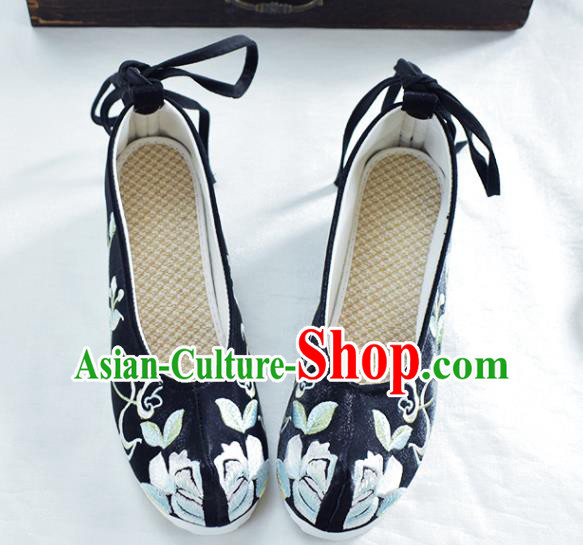 China Embroidered Black Shoes Traditional Hanfu Bow Shoes National Wedding Cloth Shoes