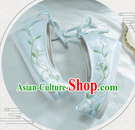 China Traditional Hanfu Bow Shoes National Women Cloth Shoes Embroidered Light Blue Shoes