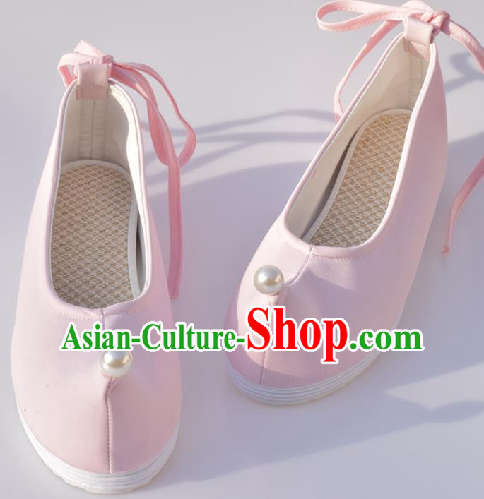 China Traditional Hanfu Shoes Ancient Princess Pink Shoes National Women Bow Shoes
