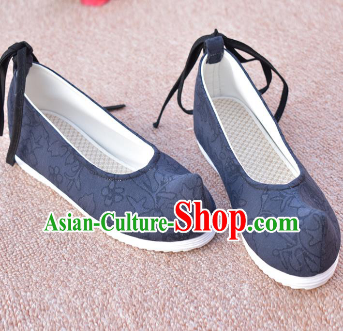 China Traditional Hanfu Shoes National Navy Blue Cloth Shoes Ancient Princess Shoes Ming Dynasty Bow Shoes