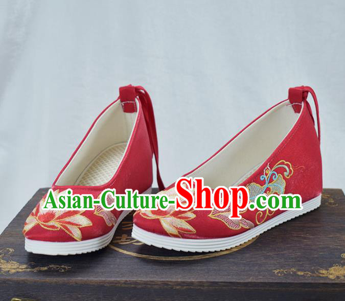 China Traditional Hanfu Increased Shoes National Embroidered Lotus Shoes Red Cloth Shoes