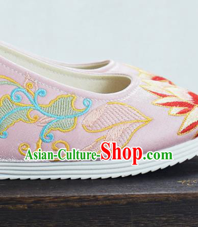 China Women Pink Cloth Shoes National Embroidered Lotus Shoes Traditional New Year Shoes