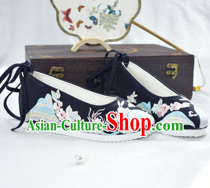 China Women Black Cloth Shoes National Spring Festival Shoes Traditional Embroidered Shoes