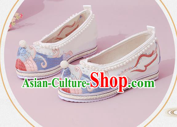 China National Shoes Classical Dance White Cloth Shoes Traditional Embroidered Pearls Shoe