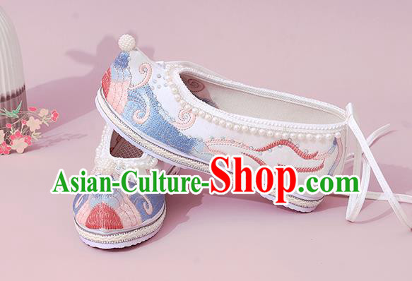 China National Shoes Classical Dance White Cloth Shoes Traditional Embroidered Pearls Shoe