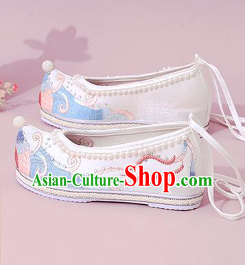 China National Shoes Classical Dance White Cloth Shoes Traditional Embroidered Pearls Shoe