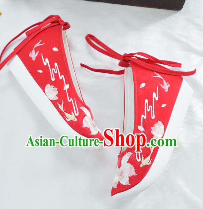 China Women Red Cloth Shoes National Dance Shoes Traditional Embroidered Lotus Shoes