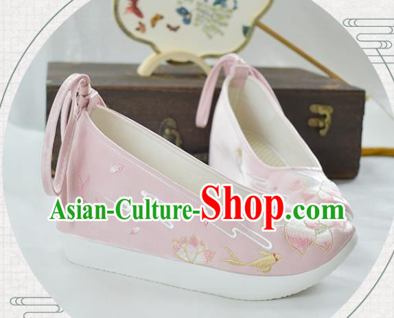 China Classical Dance Shoes Traditional Embroidered Lotus Shoe Ancient Princess Pink Cloth Shoes