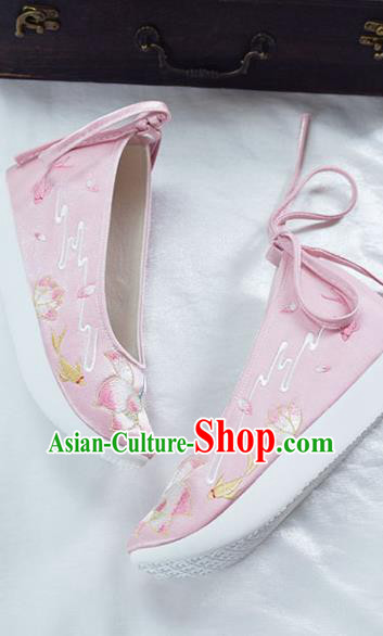 China Classical Dance Shoes Traditional Embroidered Lotus Shoe Ancient Princess Pink Cloth Shoes