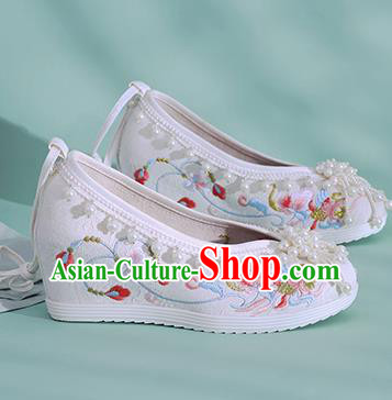 China Traditional National Wedding White Cloth Shoes Embroidered Phoenix Shoes Classical Beads Shoes