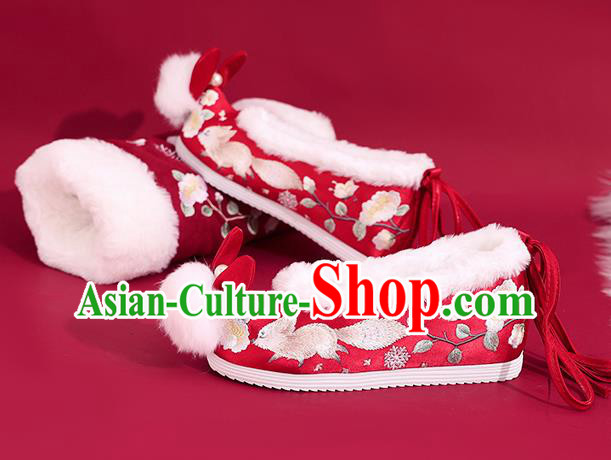 China Embroidered Squirrel Shoes Princess Shoes Traditional Rabbit Ear Shoes National Winter Red Shoes