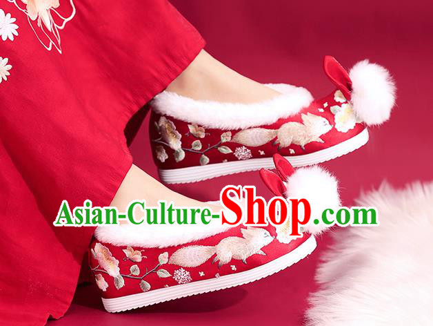 China Embroidered Squirrel Shoes Princess Shoes Traditional Rabbit Ear Shoes National Winter Red Shoes