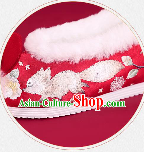 China Embroidered Squirrel Shoes Princess Shoes Traditional Rabbit Ear Shoes National Winter Red Shoes