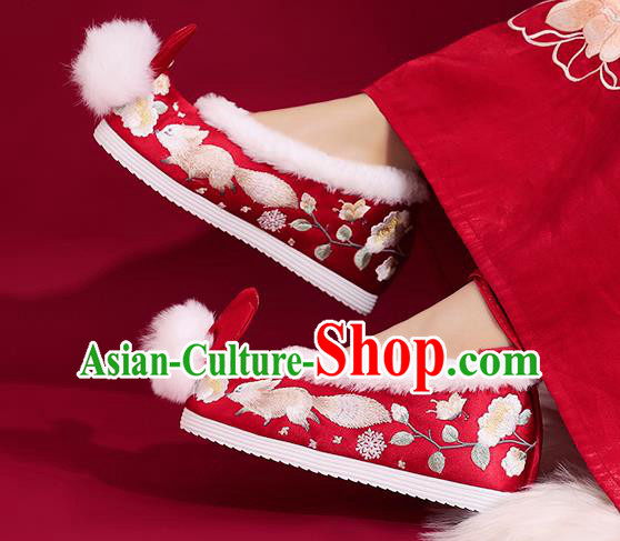 China Embroidered Squirrel Shoes Princess Shoes Traditional Rabbit Ear Shoes National Winter Red Shoes