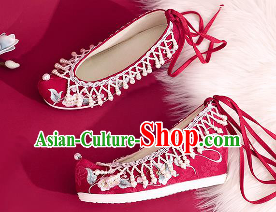 China Red Embroidered Shoes Princess Shoes Traditional Beads Tassel Shoes National Cloth Shoes