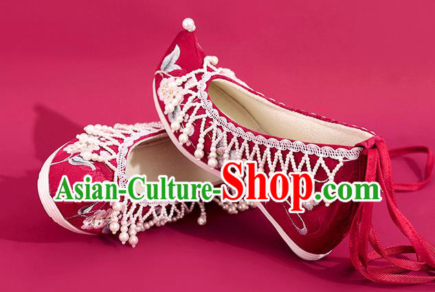 China Red Embroidered Shoes Princess Shoes Traditional Beads Tassel Shoes National Cloth Shoes
