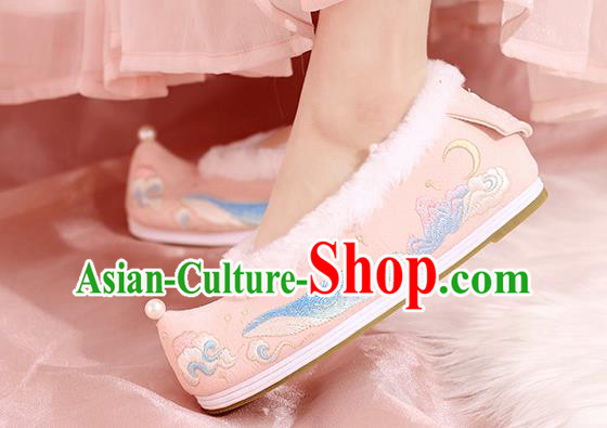 China Winter Hanfu Shoes Embroidered Shoes Ming Dynasty Princess Shoes National Pink Cloth Shoes
