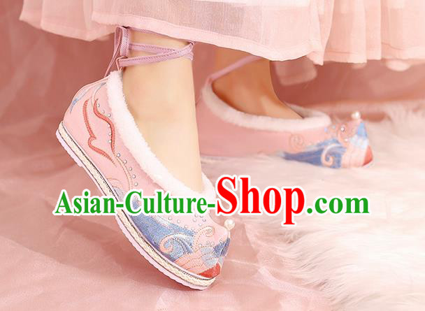 China Winter Hanfu Shoes Embroidered Shoes Ming Dynasty Princess Shoes National Pink Cloth Shoes