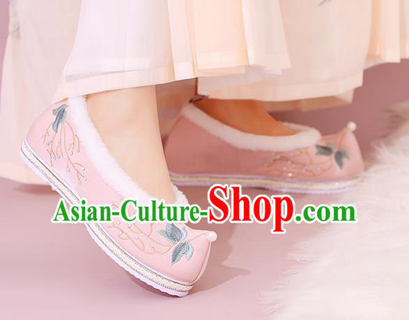 China National Winter Shoes Traditional Hanfu Shoes Embroidered Shoes Pink Cloth Shoes