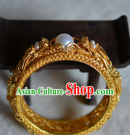 China National Filigree Golden Bracelet Jewelry Traditional Handmade Qing Dynasty Pearls Bangle Accessories