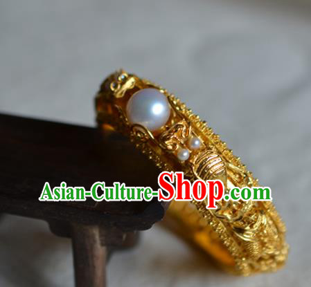 China National Filigree Golden Bracelet Jewelry Traditional Handmade Qing Dynasty Pearls Bangle Accessories