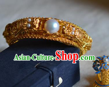 China National Filigree Golden Bracelet Jewelry Traditional Handmade Qing Dynasty Pearls Bangle Accessories