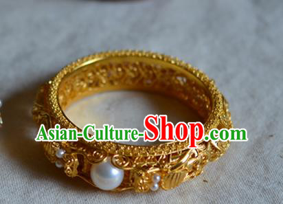 China National Filigree Golden Bracelet Jewelry Traditional Handmade Qing Dynasty Pearls Bangle Accessories