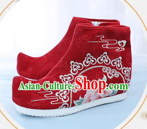 China National Red Cloth Shoes Traditional Hanfu Boots Embroidered Short Boots