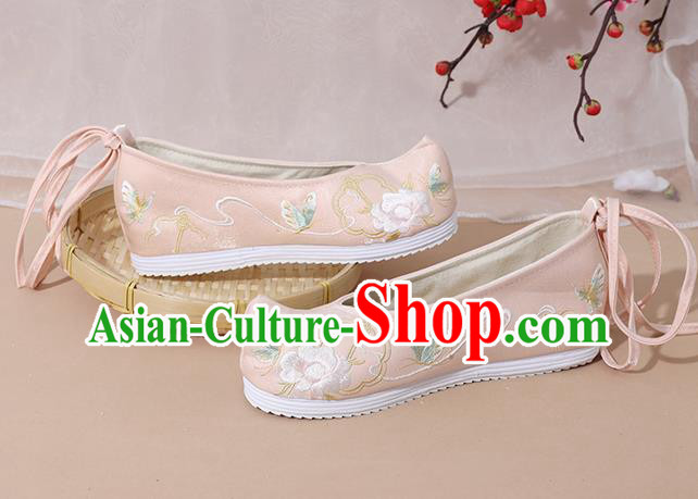 China Song Dynasty Young Lady Embroidered Shoes National Pink Cloth Shoes Traditional Hanfu Shoes