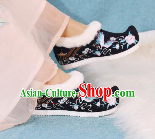 China Embroidered Crane Shoes National Winter Shoes Traditional Black Cloth Shoes