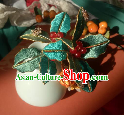 Chinese Traditional Hanfu Red Beads Hairpin Ancient Princess Silk Leaf Hair Stick