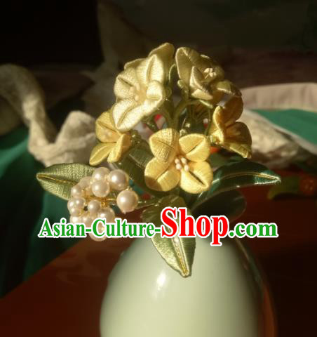 Chinese Traditional Hanfu Yellow Silk Rape Flower Hairpin Ancient Princess Pearls Hair Stick