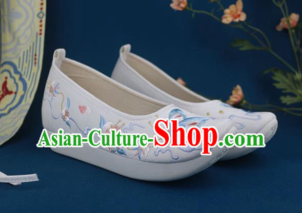 China Handmade White Cloth Shoes National Embroidered Butterfly Shoes Traditional Ming Dynasty Shoes