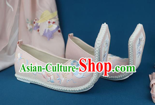 China Traditional Song Dynasty Shoes Handmade Pink Cloth Shoes Ancient Princess Embroidered Shoes