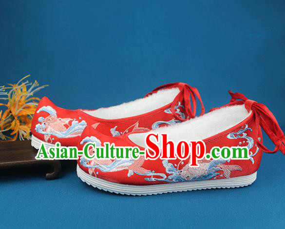 China Wedding Embroidered Red Cloth Shoes Handmade Traditional Shoes National Winter Shoes