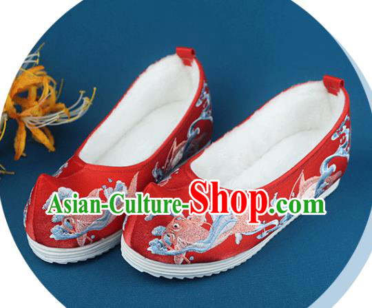 China Wedding Embroidered Red Cloth Shoes Handmade Traditional Shoes National Winter Shoes