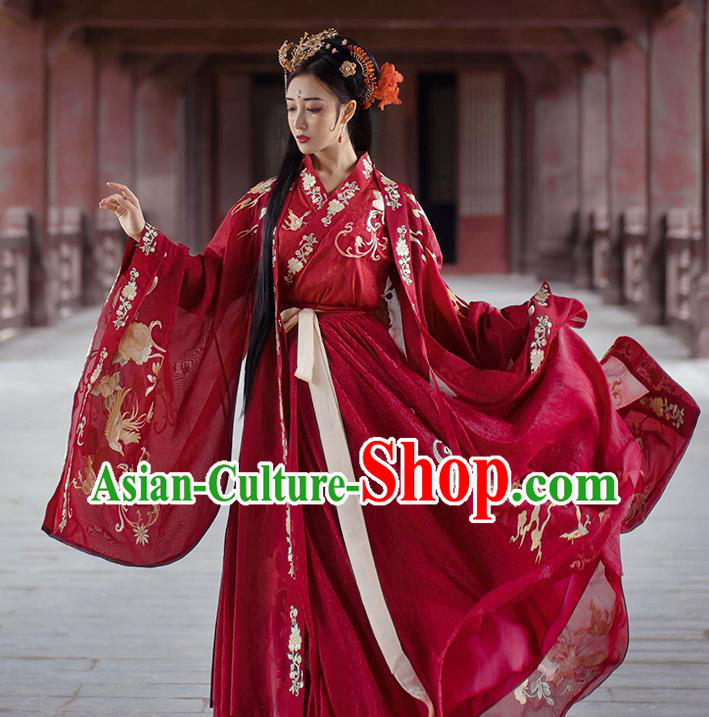 China Ancient Palace Lady Red Hanfu Dress Traditional Jin Dynasty Wedding Historical Costumes Embroidered Clothing Complete Set