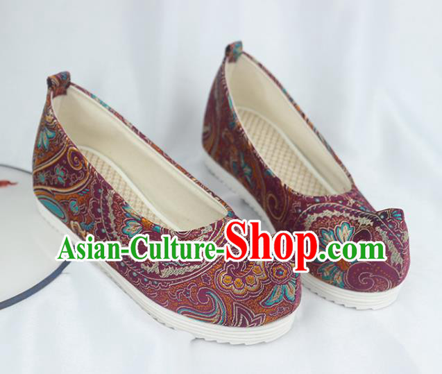 China Traditional Hanfu Bow Shoes Handmade National Purple Brocade Shoes